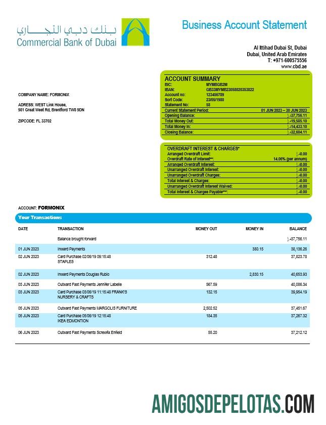 Imprimível Commercial Bank Of Dubai Company Extrato de conta corrente modelo Word e PDF